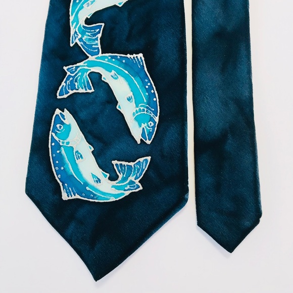 Vintage 60’s Hand Painted Signed Designer Silk Necktie Blue Silver Salmon EUC - Picture 4 of 11